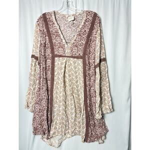 Knox Rose Boho Dress Womens XL Pink Floral Flowy Bell Sleeves Crochet